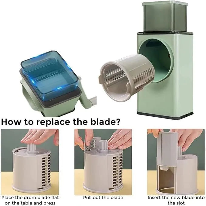 All parts of the vegetable slicer disassembled for easy top-rack dishwasher-safe cleaning.