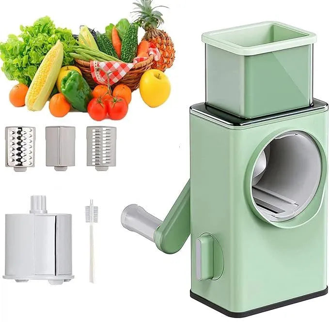 3-in-1 rotary vegetable cutter with three interchangeable stainless steel blades.