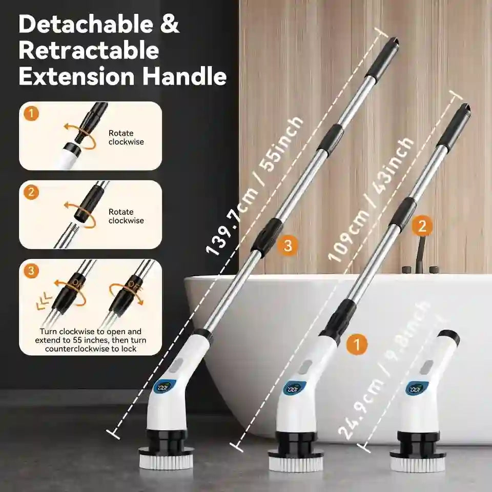 "Bathroom cleaning with cordless handheld electric spin brush, high-power scrubbing"